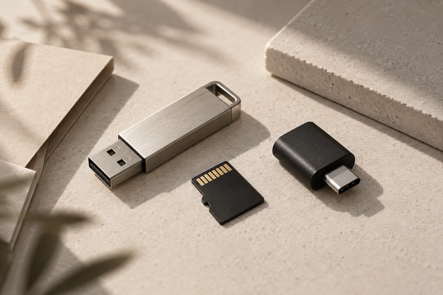 USB 메모리, microSD, USB 연결 부품의 콘셉트 제품 이미지